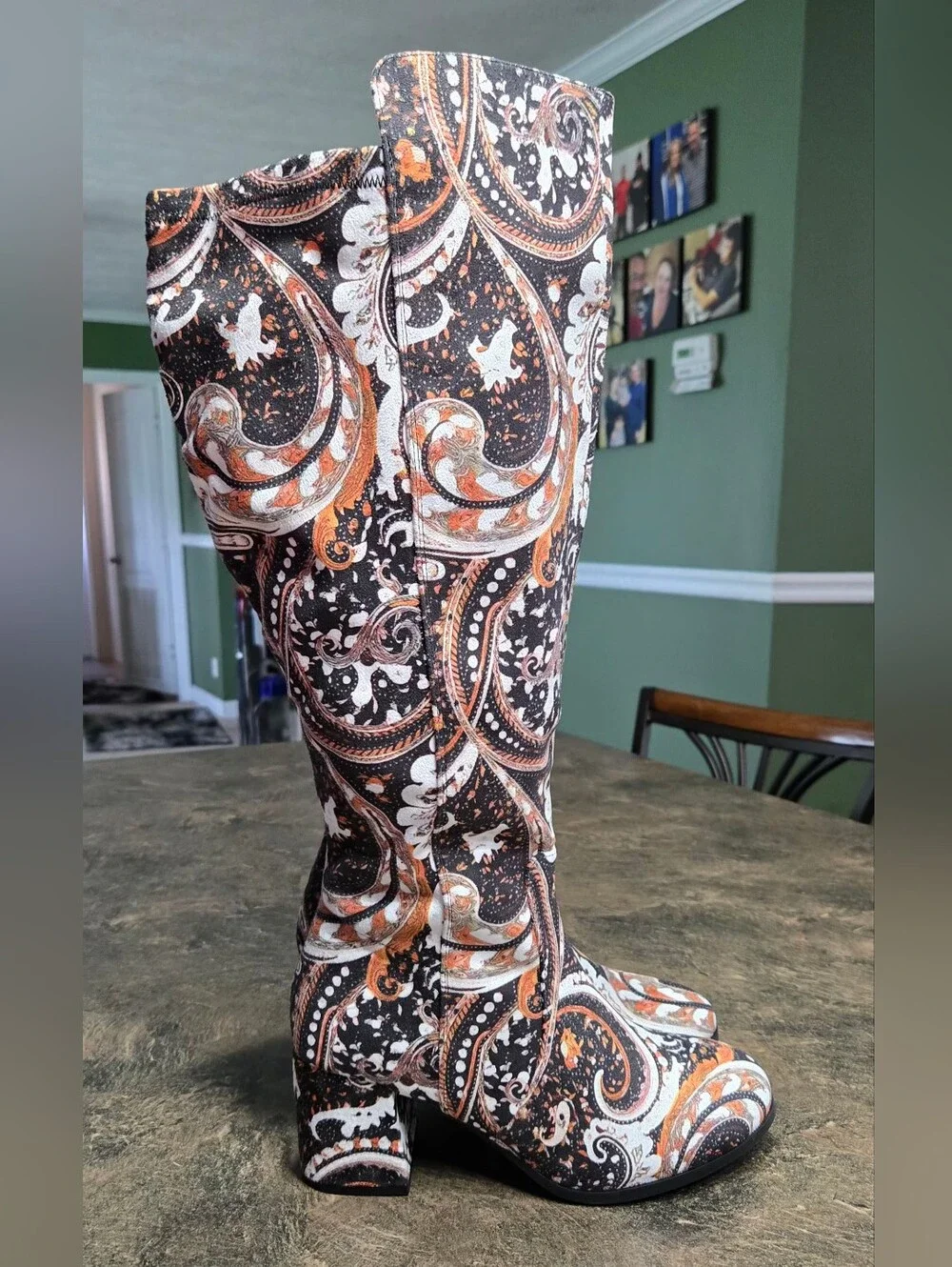 Women's Paisley Pattern Knee-High Heeled Boots #1274 - Picture 5 of 8